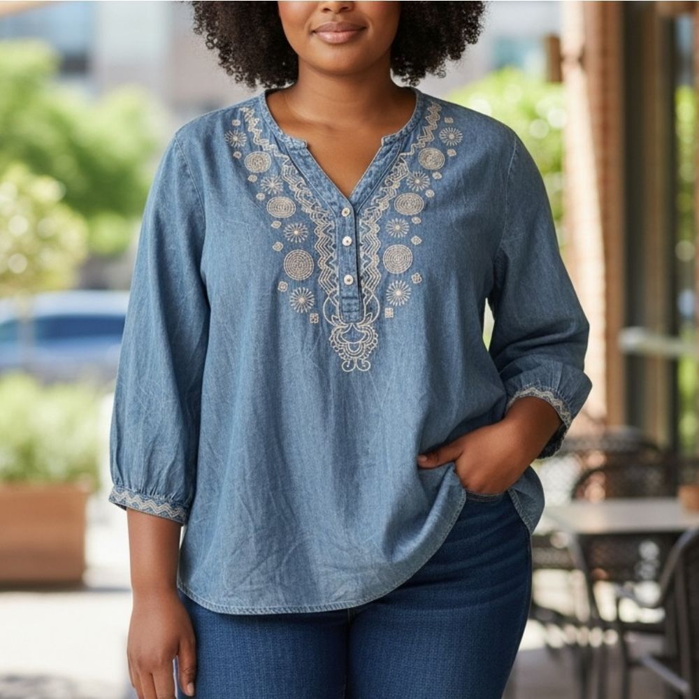Appleseed’s Embroidered Chambray Tunic Top 2X Blue 100% Cotton